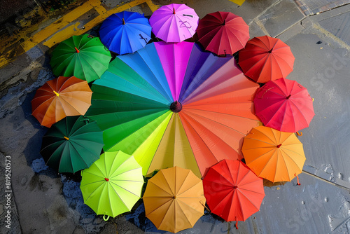 A series of rainbow umbrellas open and arranged in a circle viewed from above