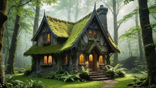 Enchanting Fairy-Tale Cottage Amidst a Lush, Ancient Forest: Featuring Intricate Gothic Architecture, Pointed Spires, and a Slate Roof
