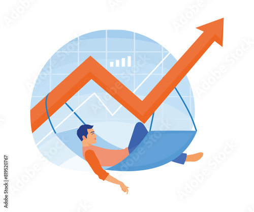 Businessman sleeping in a swing. Invest in mutual funds and earn income from the stock market. Passive income concept. Flat vector illustration.