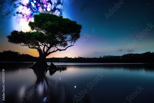 Landscape with Milky way galaxy. Night sky with stars and silhouette mangrove tree in sea. Long exposure photograph