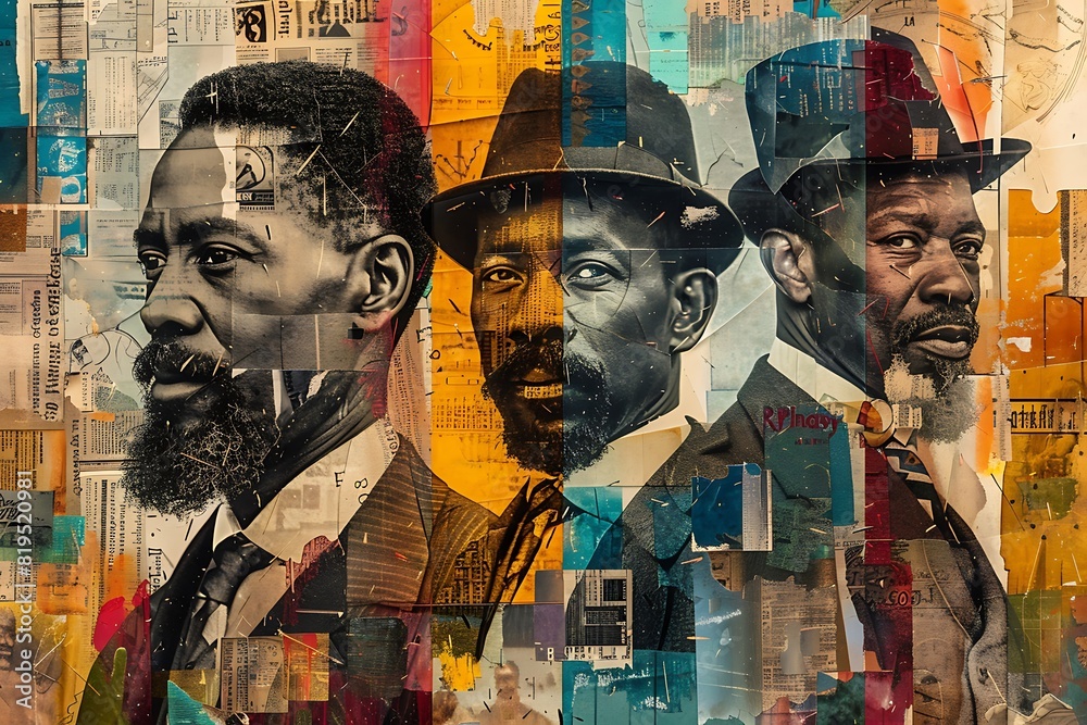 Elegant digital collage merging iconic images of African American leaders with symbols of ...