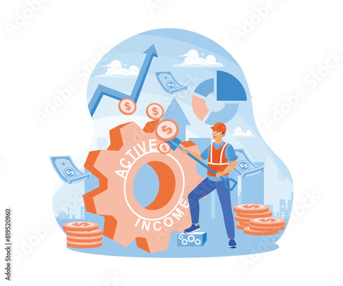 Construction workers get paid. Increase income by working. Active income concept. Flat vector illustration.