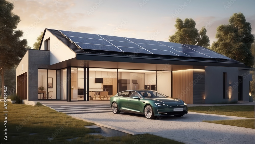 Architecture modern house with home battery system for solar energy electric car vehicles, 3D building design illustration