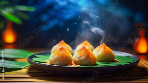Wabi mochi bracken starch dumpling, neon bokeh lights in background, cinematic, professional food advertisement style photography photo