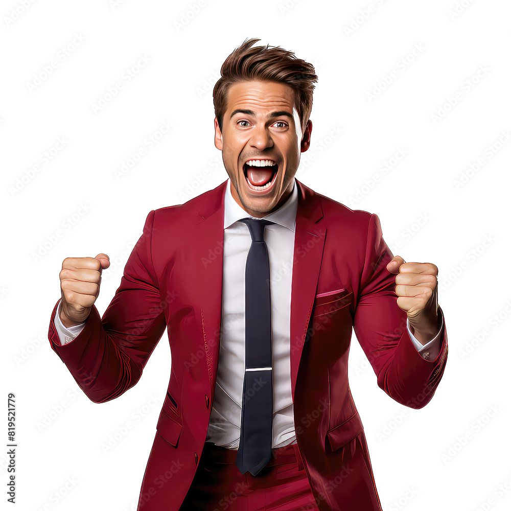 excited young business man in red suit looking at camera and clenching fists on transparent background png excited young business man in red suit looking at camera and clenching fists on transparent background png