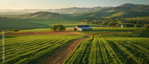 Scenic view of a rural landscape with fields, a barn, and rolling hills in the background during sunrise.