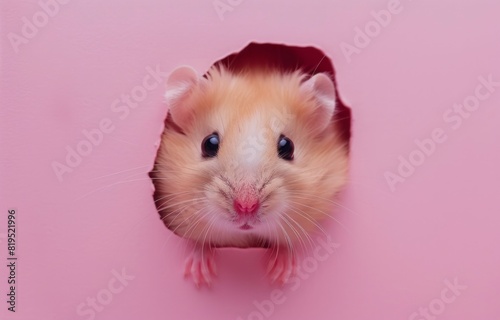 cute hamster sticking its head out from inside a hole on a pink background