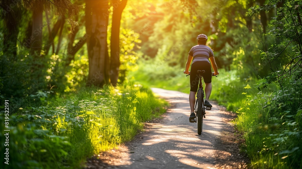 Cyclists Riding on a Path Surrounded by Lush Greenery in a Forest during Golden Hour.