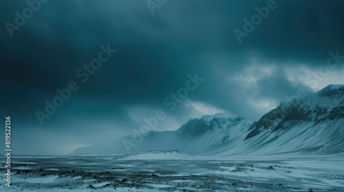 Panoramic views of mountains in Iceland. Strong winds. Wild scenery and dark during the storm.