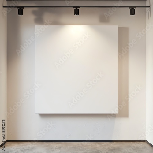 Blank mock up of a square art canvas on a clean gallery wall with spotlight, allowing for artistic displays or graphic showcases