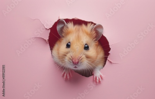 cute hamster sticking its head out from inside a hole on a pink background © wanna