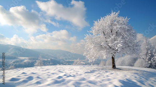 Tree in snow on the mountain hills, winter season mountain road covered freeze and cold weather photo