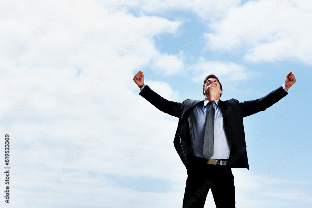 Celebrate, sky and businessman with open arms for success, freedom and energy with clouds. Male leader, winner and outdoor for victory, growth and achievement in corporate company with happiness Celebrate, sky and businessman with open arms for success, freedom and energy with clouds. Male leader, winner and outdoor for victory, growth and achievement in corporate company with happiness