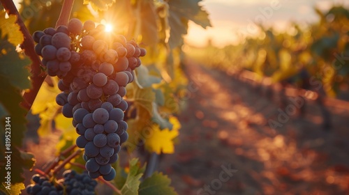 Sunset over a vineyard with ripe grapes hanging from the vines, ready for harvest and wine production in a picturesque setting. photo