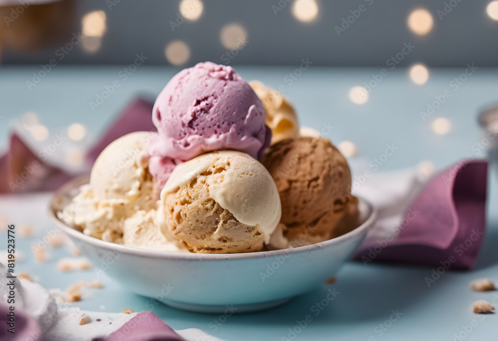 A bowl of assorted ice cream scoops in different flavors, including vanilla, chocolate, and strawberry, on a light blue surface with blurred lights in the background. Ice Cream Month.