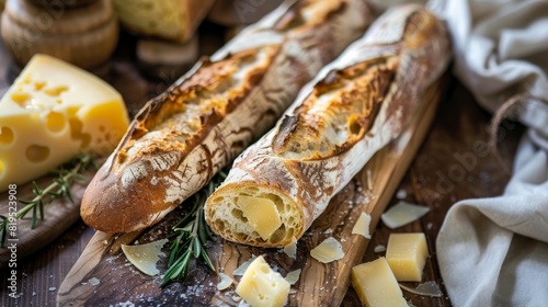 The baguette and cheese on wooden background