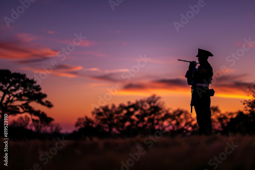 In the fading light of dusk, the bugler stands alone, bathed in the warm glow of twilight, the haunting strains of Taps echoing across the tranquil landscape.
