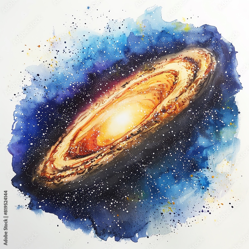 Fototapeta premium Depict the Andromeda galaxy from a front view using watercolors, highlighting the theme of space exploration with a complementary color scheme