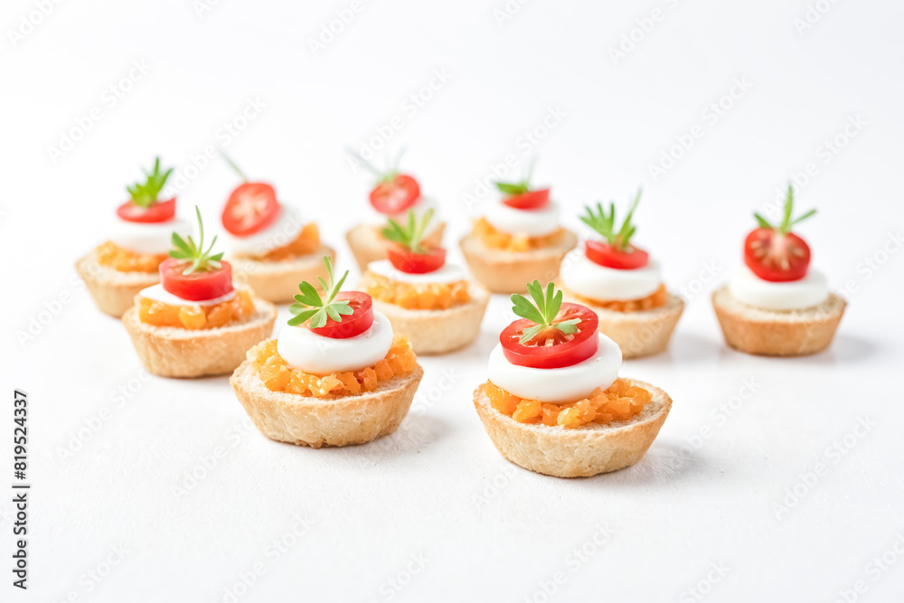 Appetizer Bites with Tomato and Cream Cheese on a White Background Appetizer Bites with Tomato and Cream Cheese on a White Background