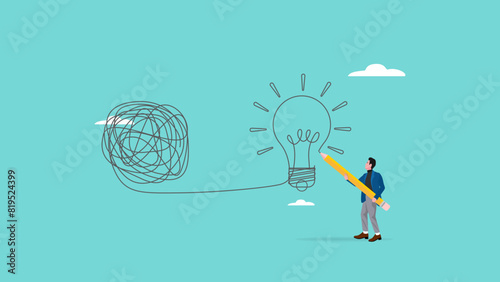 solutions to overcome difficulties in solving problems, innovation to fix complex problems, businessman drawing light bulb idea from messy lines with pen