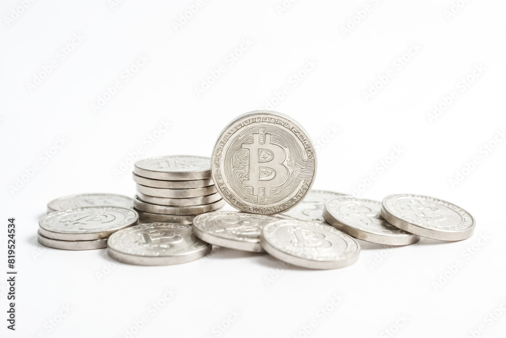 Silver Bitcoin Coins Stacked on White Background Silver Bitcoin Coins Stacked on White Background