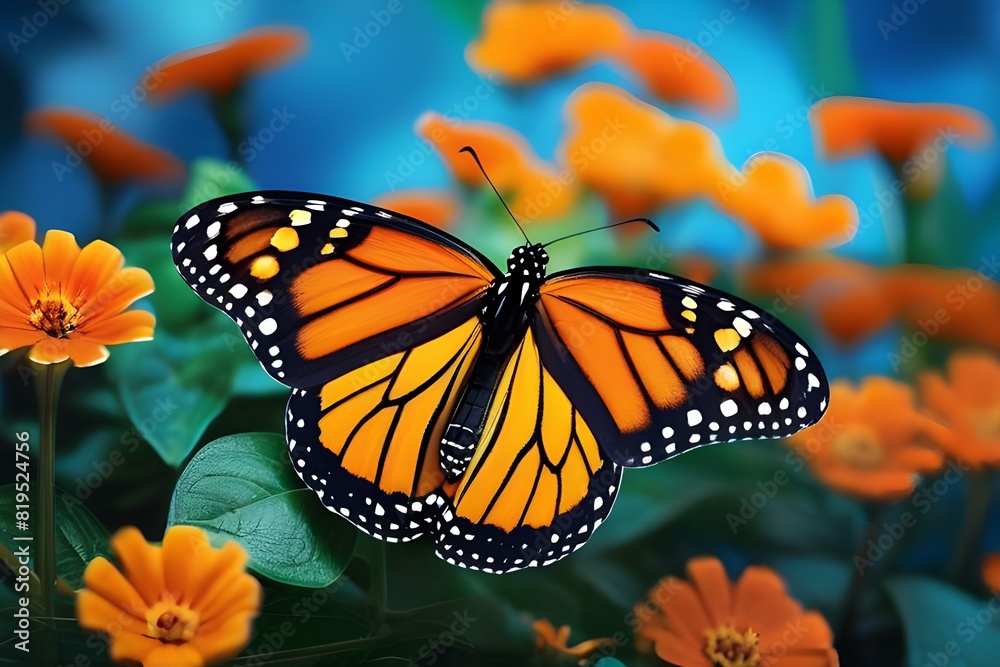 Naklejka premium Monarch orange butterfly and bright summer flowers on a background of blue foliage in a fairy garden. Macro artistic image.