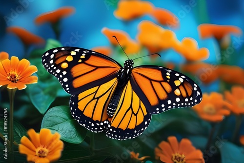 Monarch orange butterfly and bright summer flowers on a background of blue foliage in a fairy garden. Macro artistic image. © Ananto