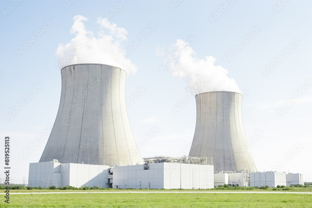 Fototapeta premium Nuclear power plant cooling towers with steam