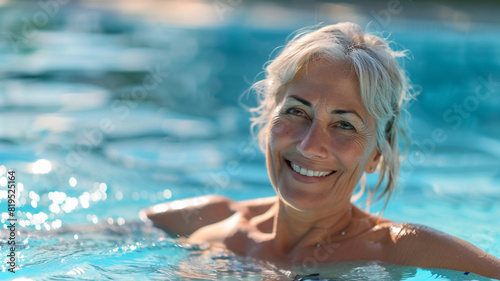 beautiful senior woman smiles while swimming in the pool