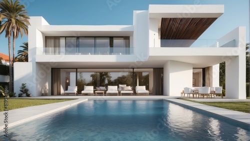 Architecture luxurious modern white villa with swimming pool, 3D building design illustration
