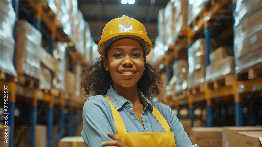 a female worker smiling in a safety helmet working at a warehouse