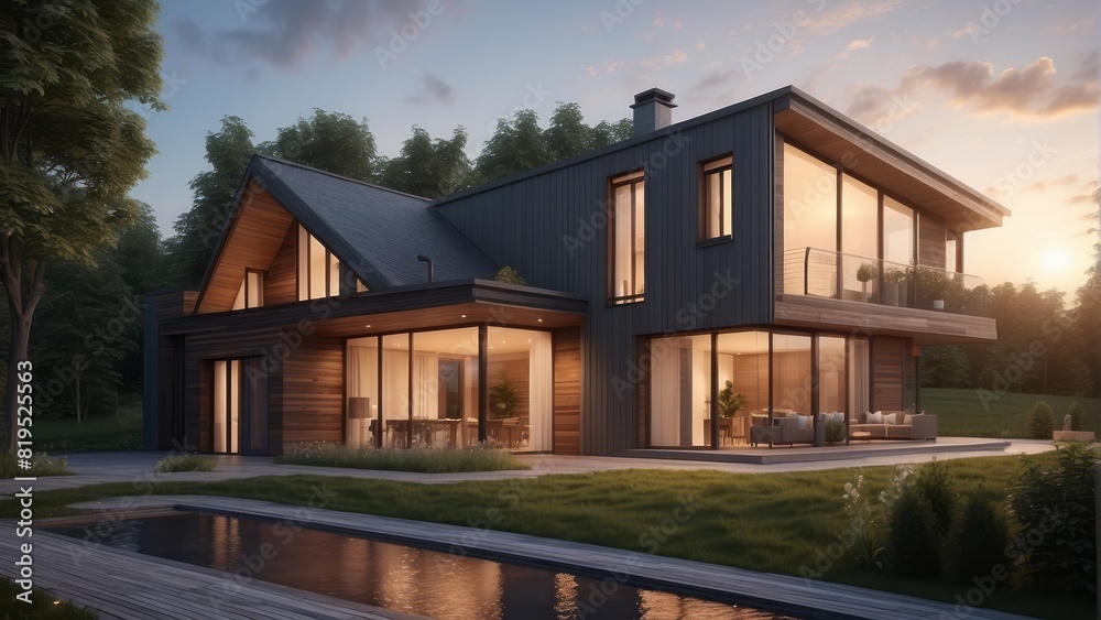Architecture modern cozy clinker house on summer evening, 3D building design illustration Architecture modern cozy clinker house on summer evening, 3D building design illustration