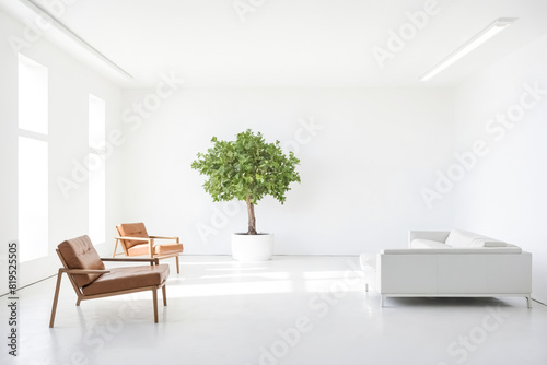 Minimalist White Interior Design with Green Plant and Leather Chairs photo
