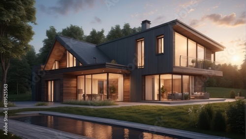 Architecture modern cozy clinker house on summer evening, 3D building design illustration photo