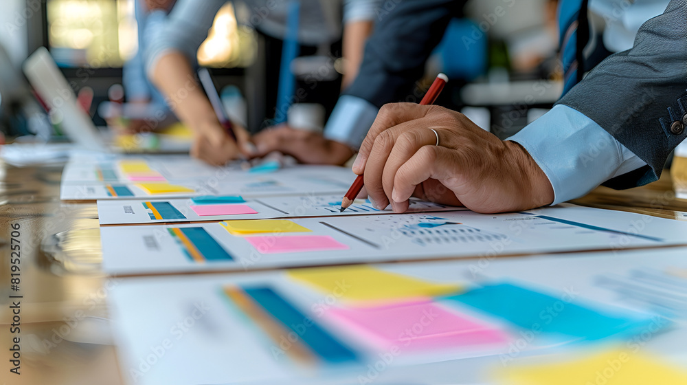 Business professionals working on documents with graphs and post