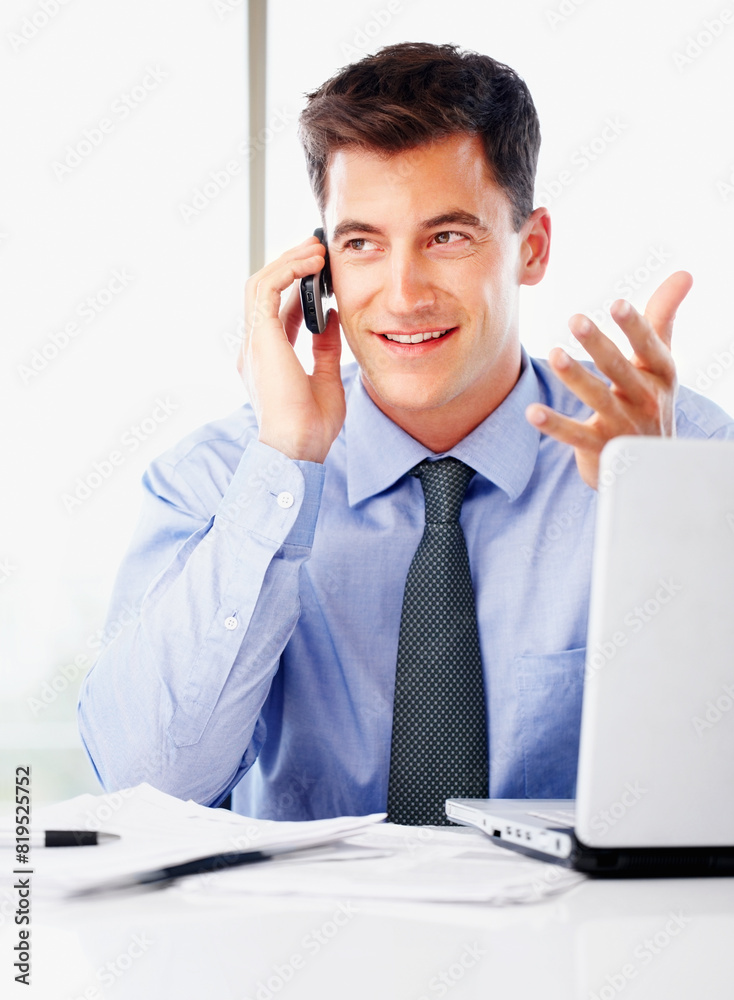 Businessman, office and phone call with laptop for thinking and smile, financial or investment banking. Male banker, mobile and computer with conversation, idea for company growth with stock market Businessman, office and phone call with laptop for thinking and smile, financial or investment banking. Male banker, mobile and computer with conversation, idea for company growth with stock market