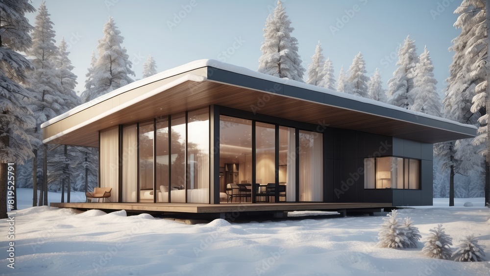 Architecture modern house in winter in the snow, 3D building design illustration Architecture modern house in winter in the snow, 3D building design illustration