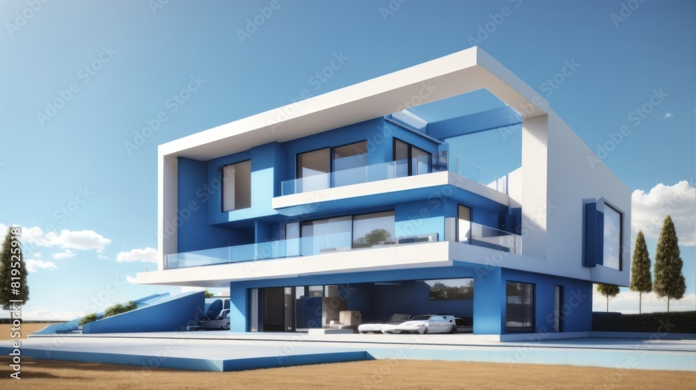 Architecture modern house with flat roof in daylight, 3D building design illustration Architecture modern house with flat roof in daylight, 3D building design illustration