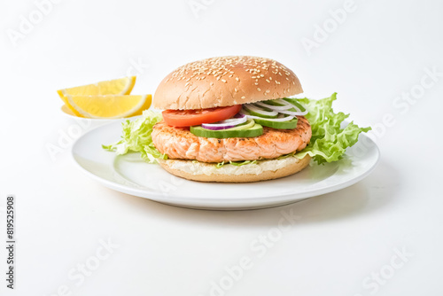 Salmon Burger with Sesame Seed Bun on White Plate