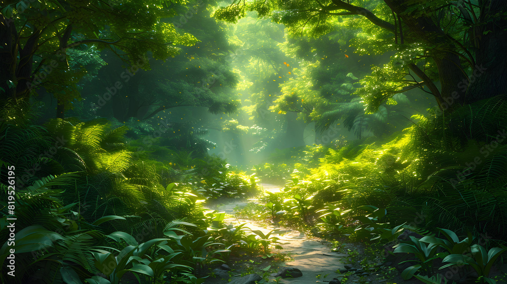 Follow a winding path through a dense jungle Follow a winding path through a dense jungle