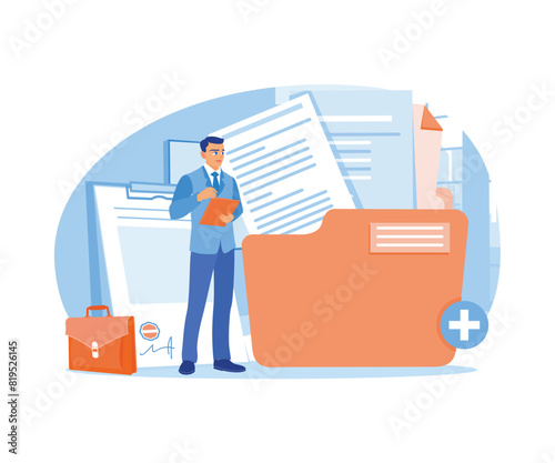 Businessman holding document on clipboard. Save files in main folders. Storage concept. Flat vector illustration.