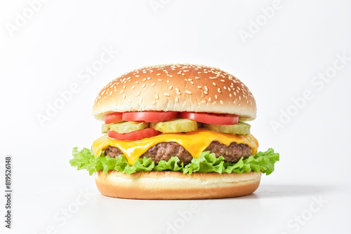 Cheeseburger with Lettuce  Tomato  and Pickle on White Background