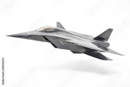 Black fighter jet in flight on white background