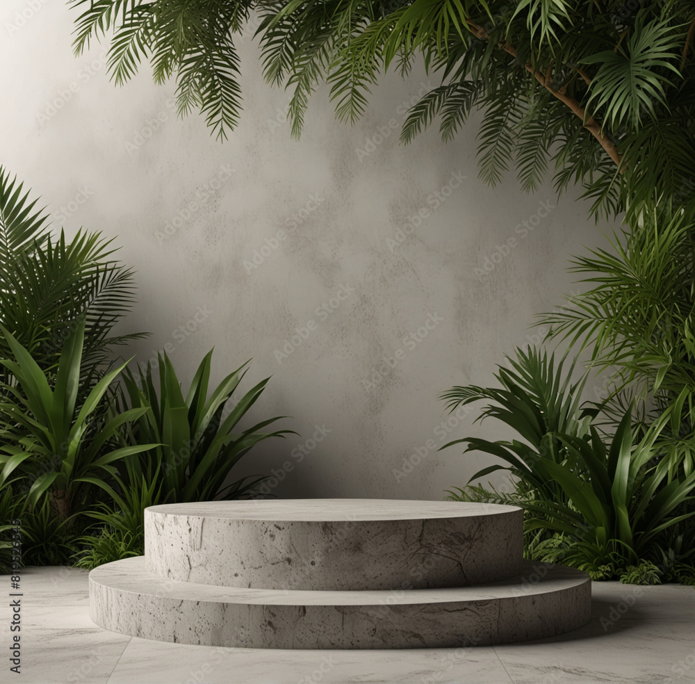 Podium background product green nature 3D forest stand white plant. Cosmetic background product podium display wood jungle studio garden beauty platform presentation mockup pedestal stone tropical. Podium background product green nature 3D forest stand white plant. Cosmetic background product podium display wood jungle studio garden beauty platform presentation mockup pedestal stone tropical.