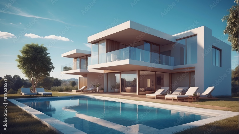 Architecture modern villa with swimming pool, Exterior 3D building design illustration