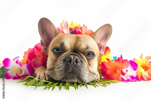 French Bulldog with a Hawaiian Lei and Grass Skirt  A laid-back French Bulldog wearing a colorful Hawaiian lei and grass skirt  bringing tropical vibes and relaxation