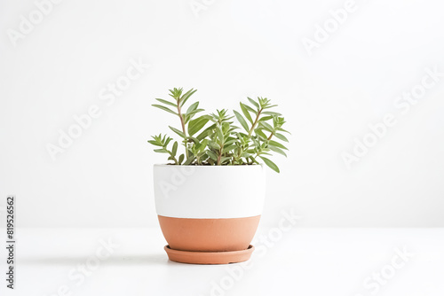 Small Green Plant in White and Terracotta Pot on White Background