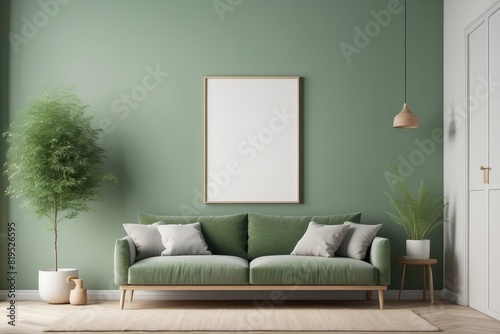 Wall mockup in interior background, room in Grass Green colors, Scandi style, blank poster frame