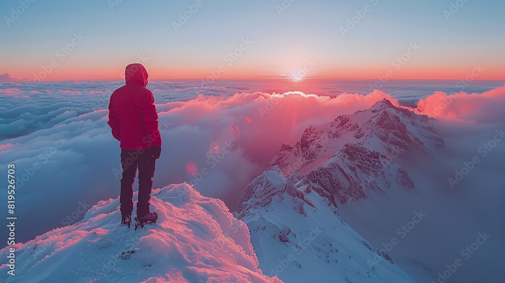 Fototapeta premium Mountain climber watching sunrise above the clouds