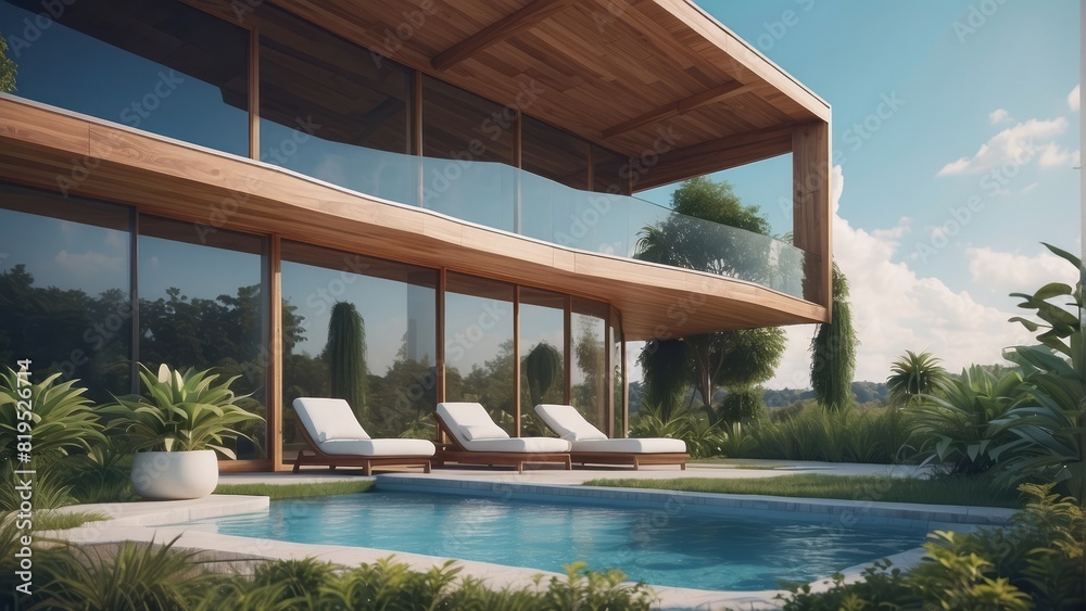 Fototapeta premium Architecture modern wooden villa with swimming pool, Exterior 3D building design illustration